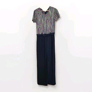 Cartise Intl Jumpsuit Womens 8 Navy Rainbow Wide Leg Palazzo Disco 90s VTG Boho